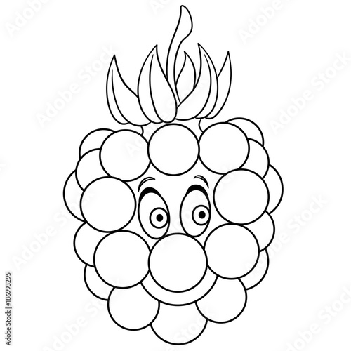 Coloring book. Coloring page. Cartoon Raspberry character. Happy fruit