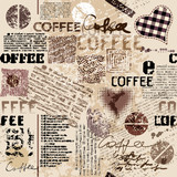 Coffee. Abstract coffee pattern on brown background with a lettring. Seamless pattern.