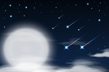 Wall Mural - Nighttime sky background with full moon, clouds and stars. Moonlight night. Vector