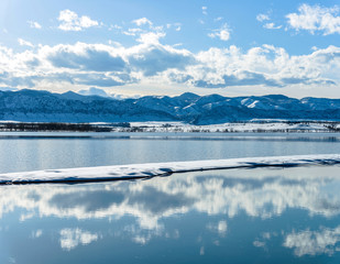 Wall Mural - Spring Mountain Lake - Spring view of a mountain lake after a snow storm. Chatfield Reservoir, Denver-Littleton, Colorado, USA.