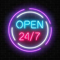 Wall Mural - Neon open 24 hours 7 days a week sign in circle shaps on a brick wall background.