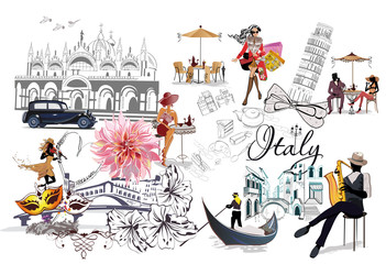 Sticker - Set of Italy illustrations with fashion girls, cafes and musicians. Vector illustration.