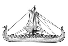 Viking Ship Illustration, Drawing, Engraving, Ink, Line Art, Vector