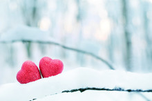 Red Heart On Snow Background. St. Valentine's Day