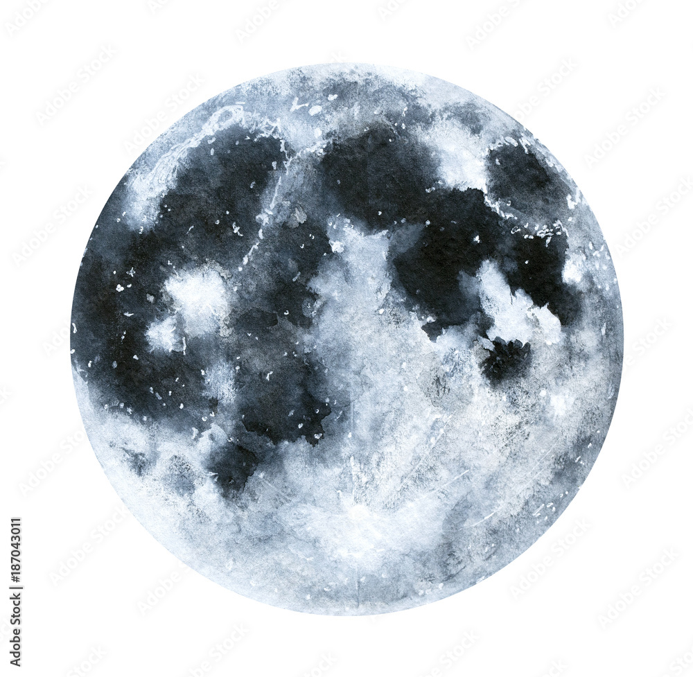 Big watercolor moon illustration. Symbol of new beginning, dreaming, romance, fantasy, magic. Black, grey colors, circle, full view. Hand drawn water colour painting, isolated on white background. - obrazy, fototapety, plakaty 