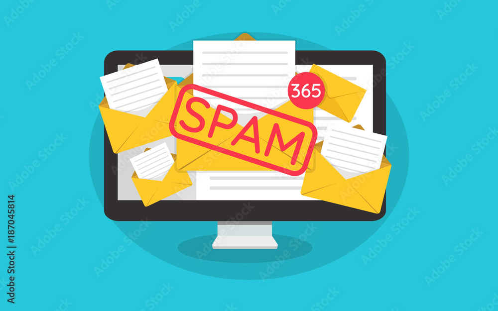 Spamming mailbox concept, a lot of emails on the screen of a monitor. Email box hacking, spam warning. Vector Illustration - obrazy, fototapety, plakaty 