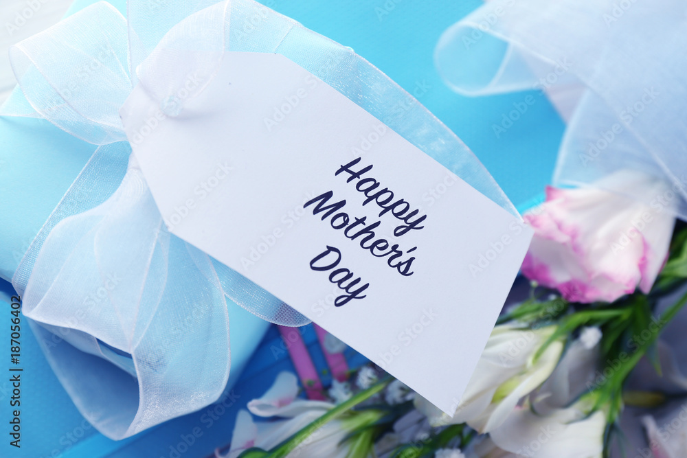 Gift box with flowers for Mother's day, close up