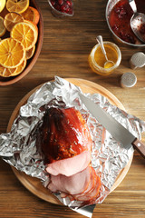 Poster - Composition with traditional sliced honey baked ham on table