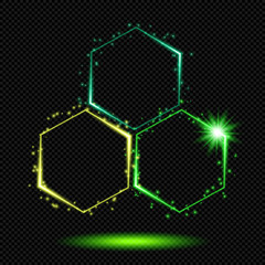 Wall Mural - Green Shining Honeycombs Circle Logo Sign with Sparks on Transparent Background  - Vector Glowing Neon Hexagon Cellular Structure

