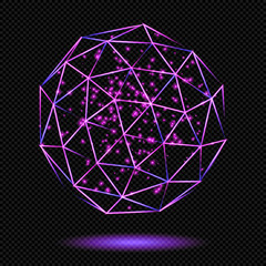 Wall Mural - Pink shining Regular Polyhedron with Sparks on Transparent Background  - Vector Glowing Neon Element
