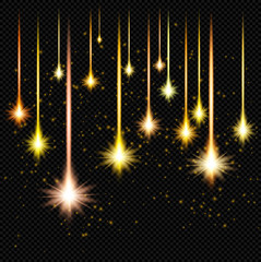 Wall Mural - Yellow Shine Flare Flash Star Rain with Sparks  on Transparent Background  - Vector Radiant Starfall

