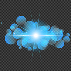 Wall Mural - Blue Shine Flare Flash with Bokeh Effect on Transparent Background  - Vector Radiant Sparkle
