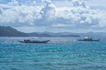 El Nido bay scenic islands view with bangka boats, Palawan, Philippines