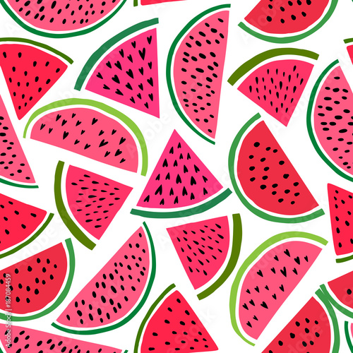 Stoffe zum Nähen Wassermelone Musterdesign. Vektor-Hintergrund mit niedlichen Wassermelone Slice. Melon Frucht Drucken Abbildung