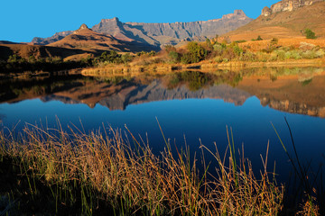 Canvas Print - Mountains with reflection in water, Royal Natal National Park, South Africa.