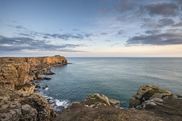Wall Mural - stunning vibrant landscape image of cliffs around st govan's head on pembrokeshire coast in wales