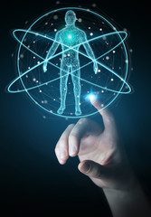 Poster - Businesswoman using digital x-ray human body scan interface 3D rendering