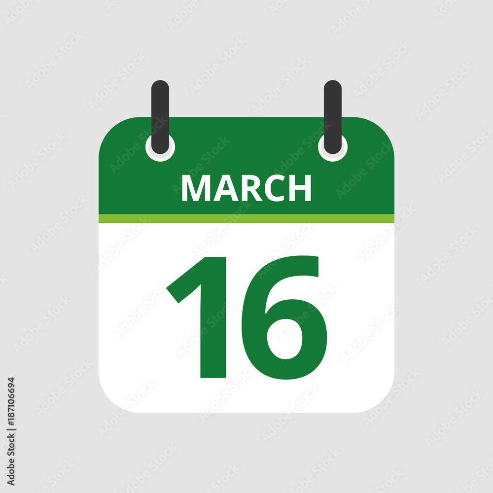 Flat icon calendar 16th of March isolated on gray background ...