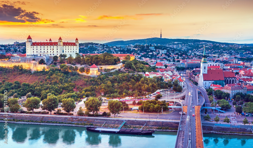 Obraz na płótnie View on Bratislava castle,old town and Saint Martins cathedral over the river Danube in Bratislava city, Slovakia w salonie
