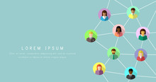 Networking Concept With Diverse People In Colorful Flat Design. Social And Business Network Banner Background.