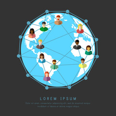 Wall Mural - Internet and network as world wide connection and communication concept. Multiethnic people around the Earth.