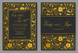 © OLEKSII - Wedding Invitation, floral invite card Design with golden foil border. Ornate gold poppy flowers on a black noble background