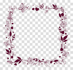 Square frame of abstract flowers and leaves on transparent background