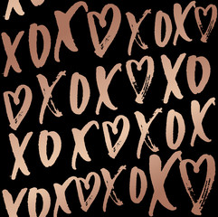 Wall Mural - Hugs and kisses seamless pattern with lettering. Rose gold design on elegance black backrouund. Vector design for wedding invitation, wrapping paper, poster,card.