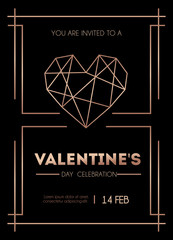 Wall Mural - Valenine's day rose gold invitation card. Minimalistic Valenine's day greeting  card on black background. Linear design. Vector illustration