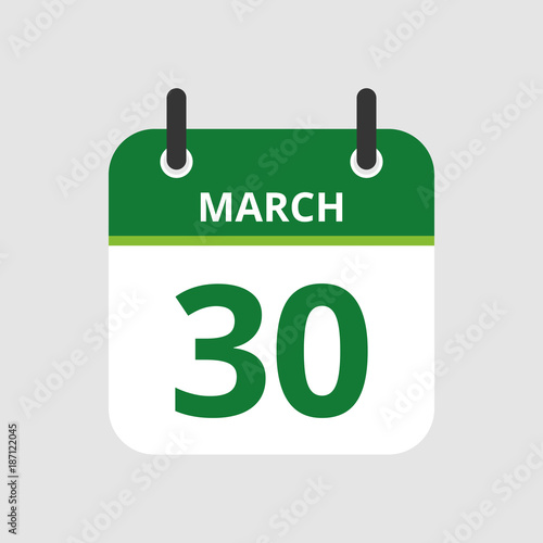 Flat icon calendar 30th of March isolated on gray background. Vector