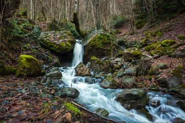  Water flowing down rocks, moss on the rocks, Svaneti, Georgia