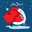 Santa Claus is carrying gifts. Blue New Year card. Vector illustration