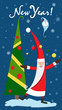 Christmas card with Christmas tree. Watch New Year. Vector illustration
