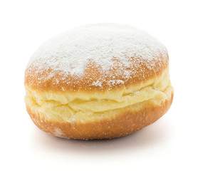 Traditional doughnut (Sufganiyah) isolated on white background one fresh baked with powered sugar and without hole.