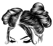 Hand-drawn Beauty Woman With Luxurious Cute Bun Hairstyle. Idea For Card Typography Vector.Wedding Style
