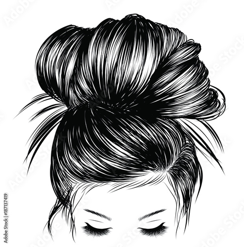 Hand-drawn beauty woman with luxurious cute bun hairstyle 