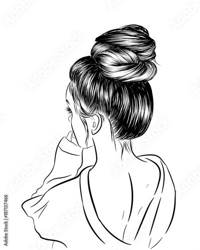 Hand Drawn Beauty Woman With Luxurious Cute Bun Hairstyle