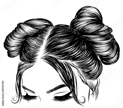 Download Hand-drawn beauty woman with luxurious cute bun hairstyle. Idea for card typography vector ...