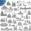 Set of russian famous buildings located in the cities - Moscow, Saint Petersburg, Kazan, Volgograd, Sochi, Nizhny Novgorod and other. Vector Illustration black outlines for coloring pages or other.