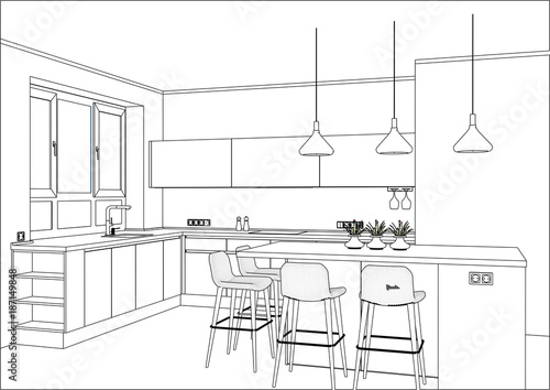 3D vector sketch Modern kitchen design in home interior 