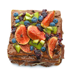 Canvas Print - Tasty toasts with chocolate spread and fruits on white background