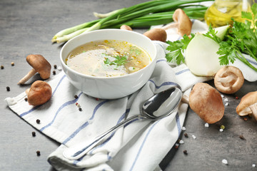 Poster - Bowl of delicious shiitake mushroom soup on table