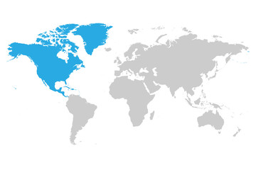  North America continent blue marked in grey silhouette of World map. Simple flat vector illustration.