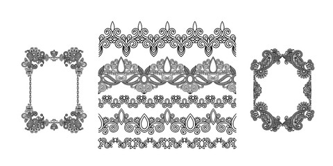 Wall Mural - set of black line floral design elements in henna style