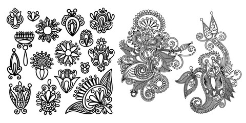 Wall Mural - set of black line floral design elements in henna style