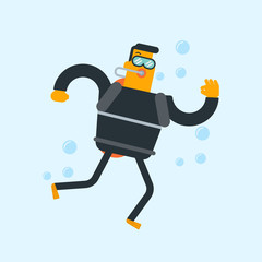 Poster - Young caucasian white man in diving suit and fins swimming underwater with scuba and showing ok sign. Man enjoying the dive. Vector cartoon illustration. Square layout.