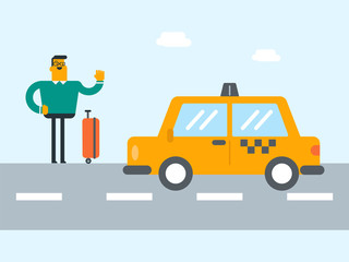 Poster - Young caucasian white man with s suitcase catching a taxi car by waving hand. Hitchhiking man trying to stop a taxi car on a highway. Vector cartoon illustration. Square layout.