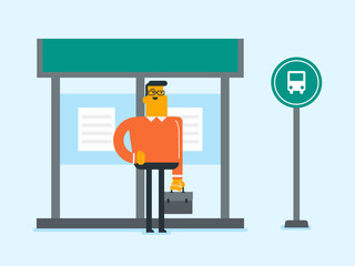 Canvas Print - Young caucasian white businessman with a briefcase waiting for a bus at the bus stop. Happy man standing at the bus stop. Vector cartoon illustration. Square layout.