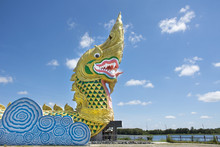 Naga Statue At Riverside Of Chi River Near Phayakunkak Museum National Or Toad Museum In Phaya Tan Public Park In Yasothon, Thailand