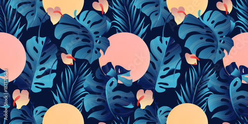 Tropical plant seamless pattern, Heliconia, palm, Anthurium and split leaf Ph...